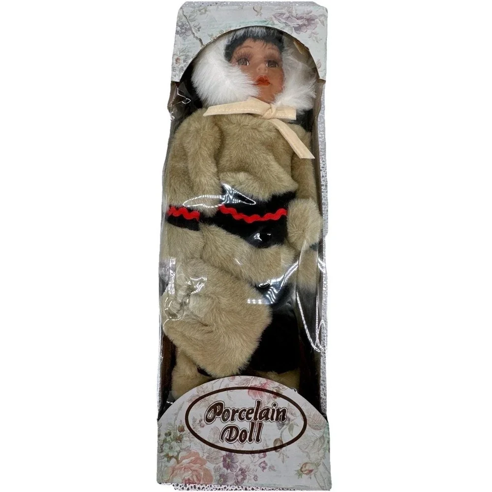 Vintage Porcelain Eskimo Doll Faux‎ Fur Hooded Outfit Display Collectible
